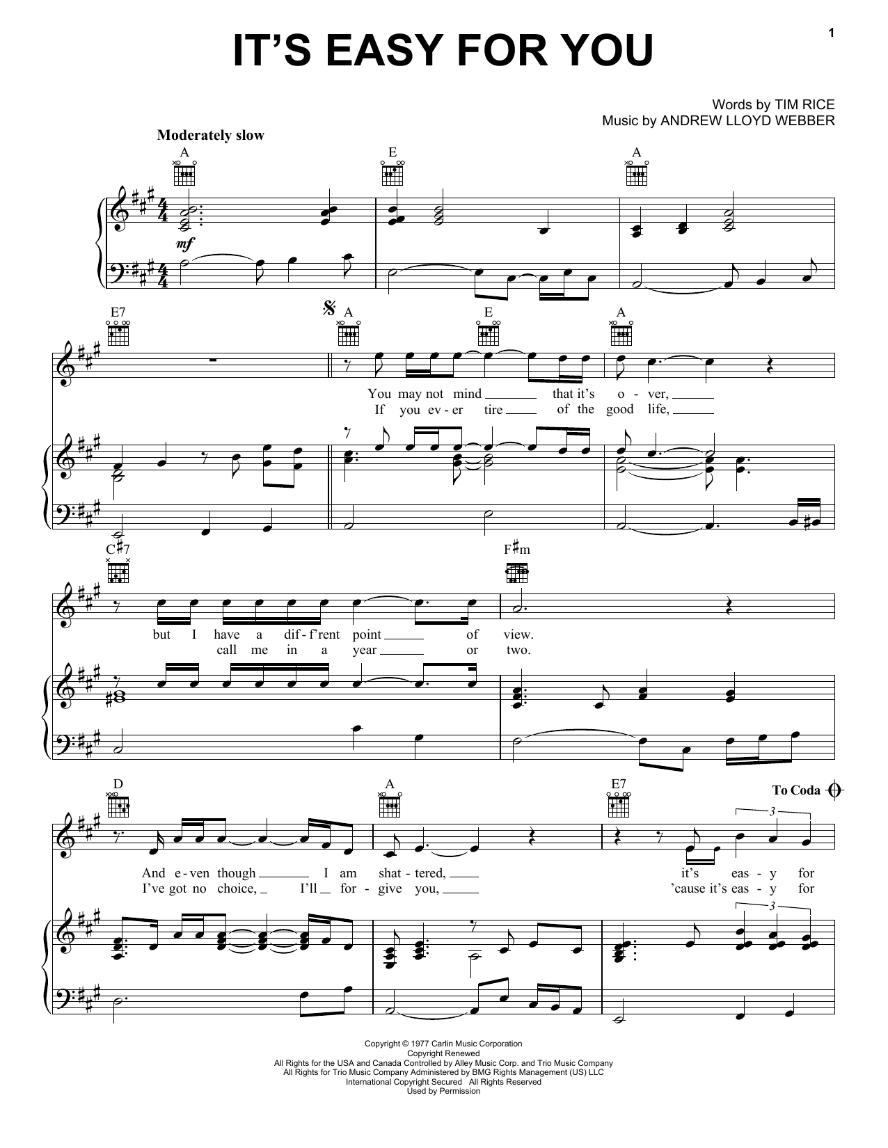 Download Andrew Lloyd Webber It's Easy For You Sheet Music