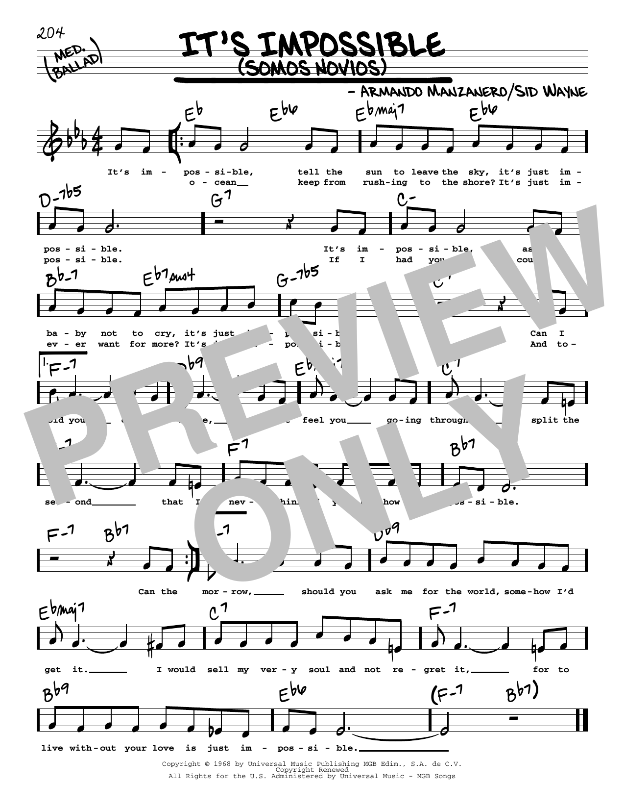 Elvis Presley It's Impossible (Somos Novios) (Low Voice) sheet music notes printable PDF score
