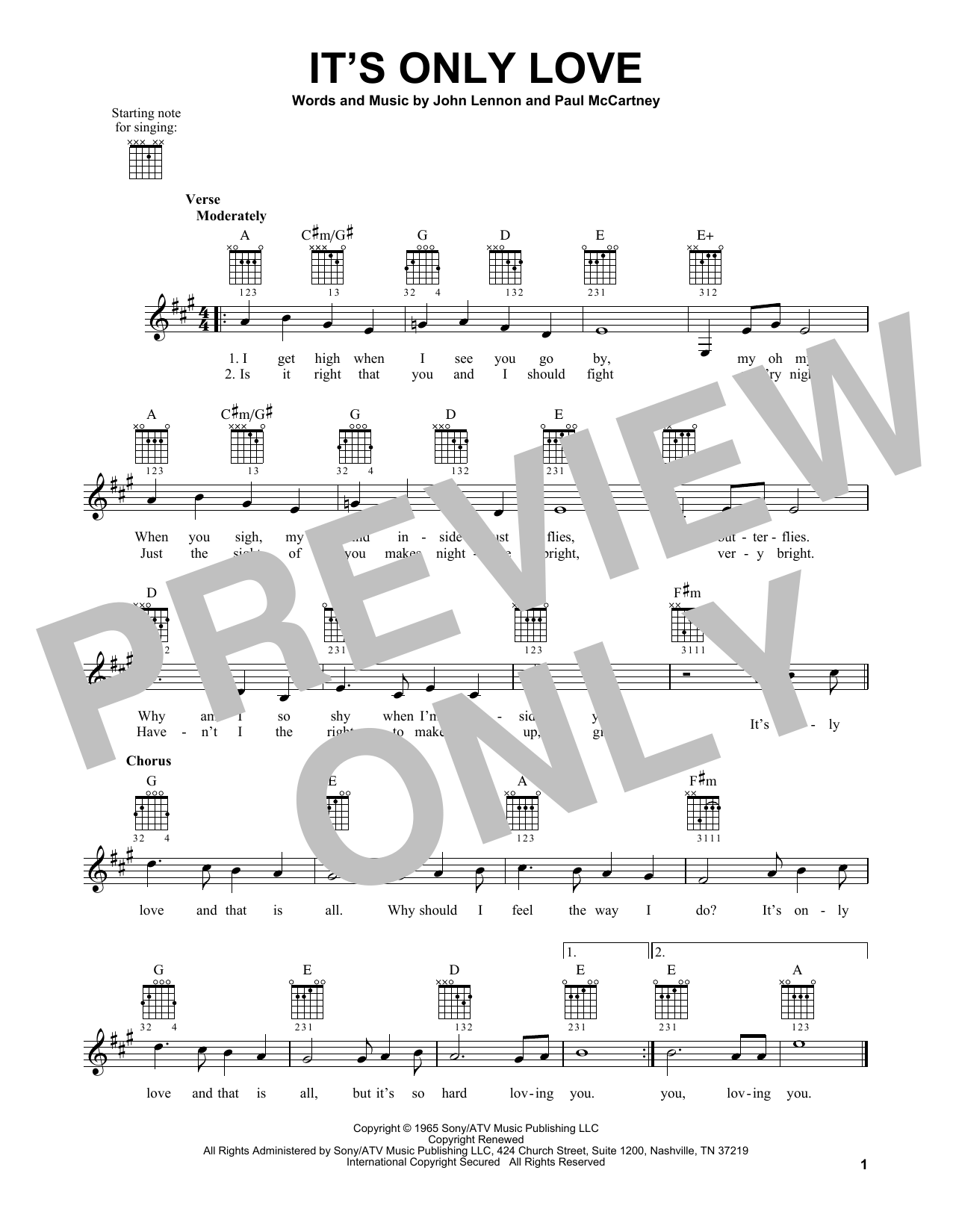 Download The Beatles It's Only Love Sheet Music