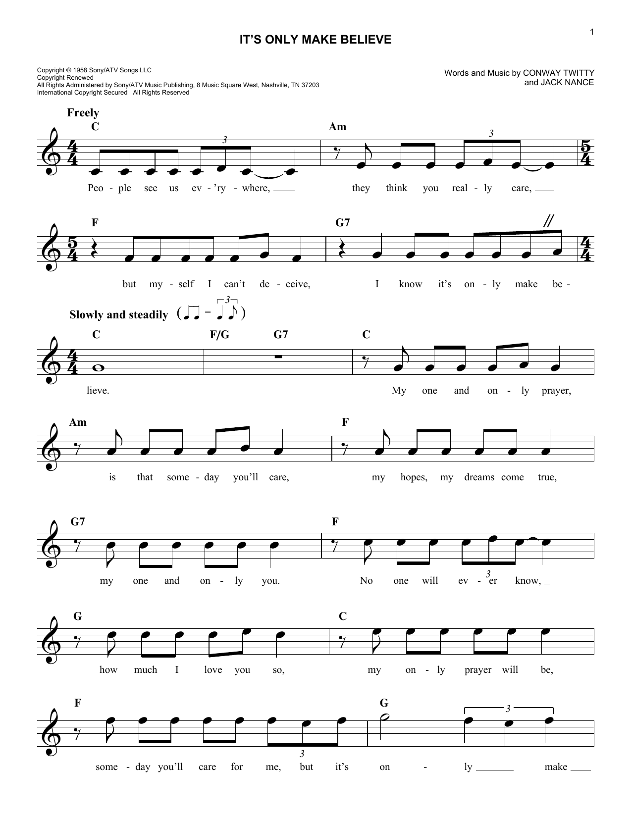 Download Conway Twitty It's Only Make Believe Sheet Music