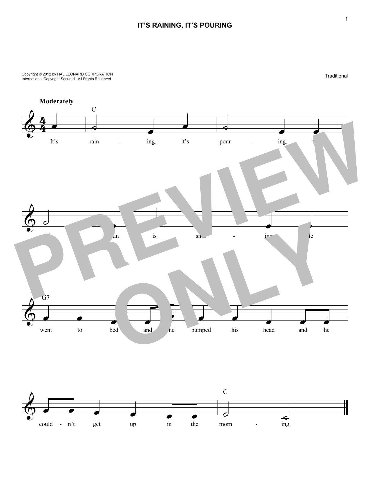 Download Traditional It's Raining, It's Pouring Sheet Music