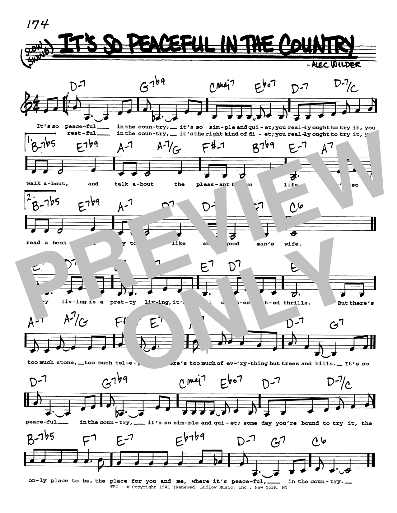 Alec Wilder It's So Peaceful In The Country (Low Voice) sheet music notes printable PDF score