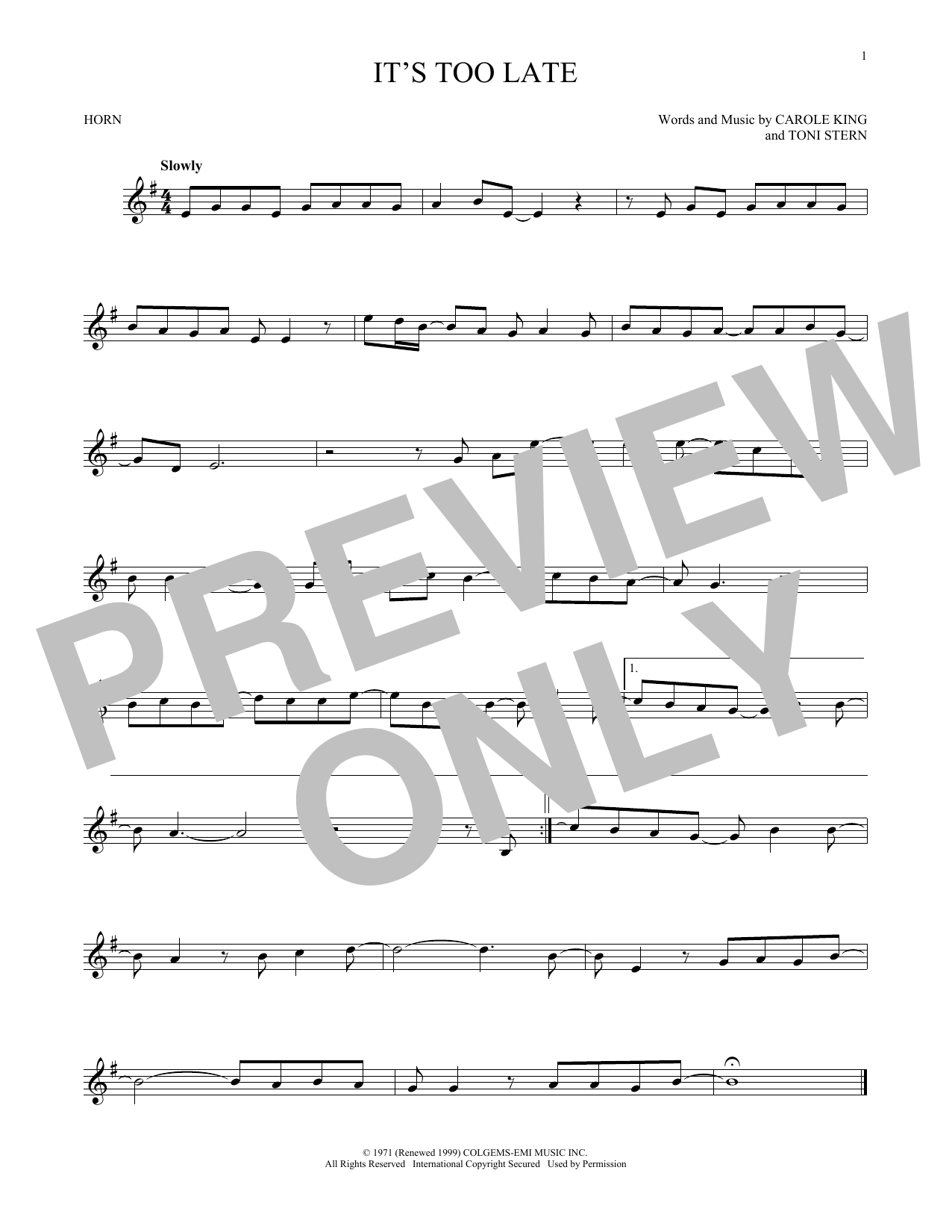 Download Carole King It's Too Late Sheet Music