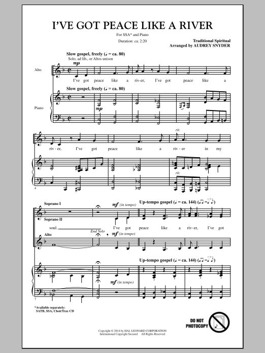 Download Traditional I've Got Peace Like A River (arr. Audre Sheet Music