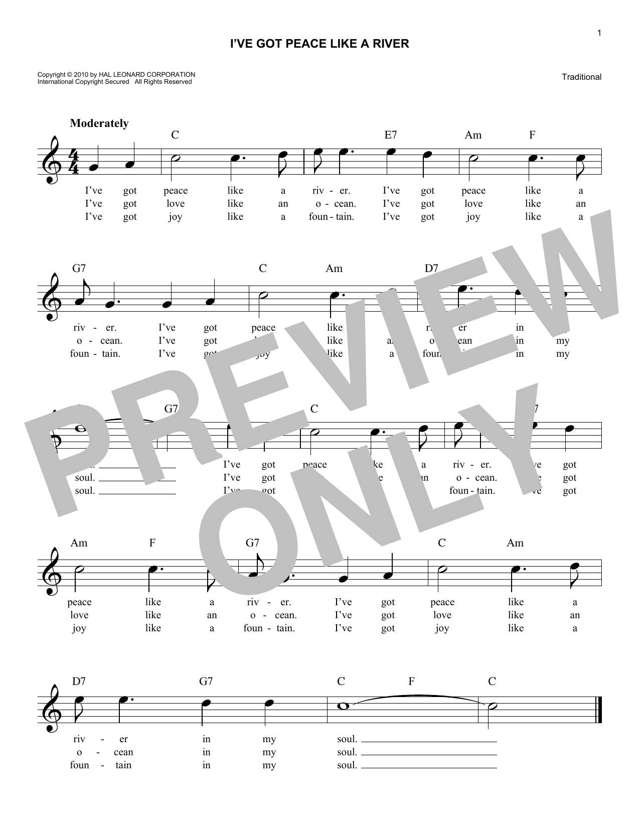 Download Traditional I've Got Peace Like A River Sheet Music
