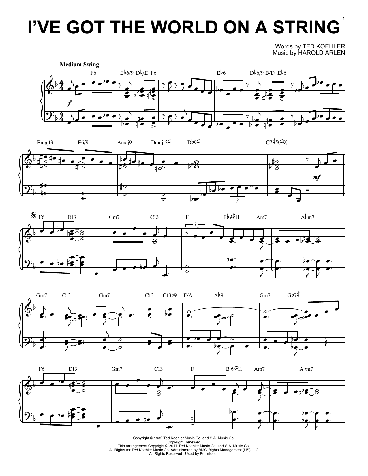 Download Harold Arlen I've Got The World On A String [Jazz ve Sheet Music