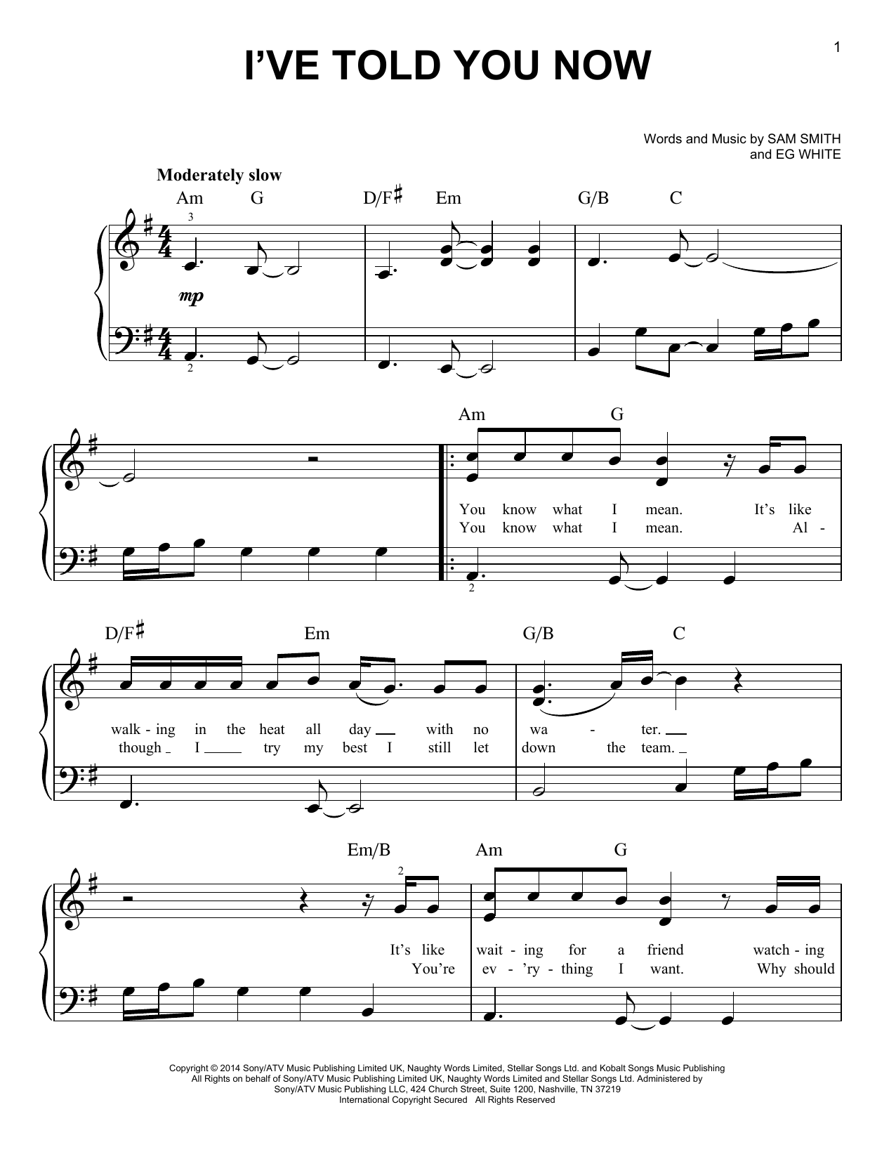 Download Sam Smith I've Told You Now Sheet Music