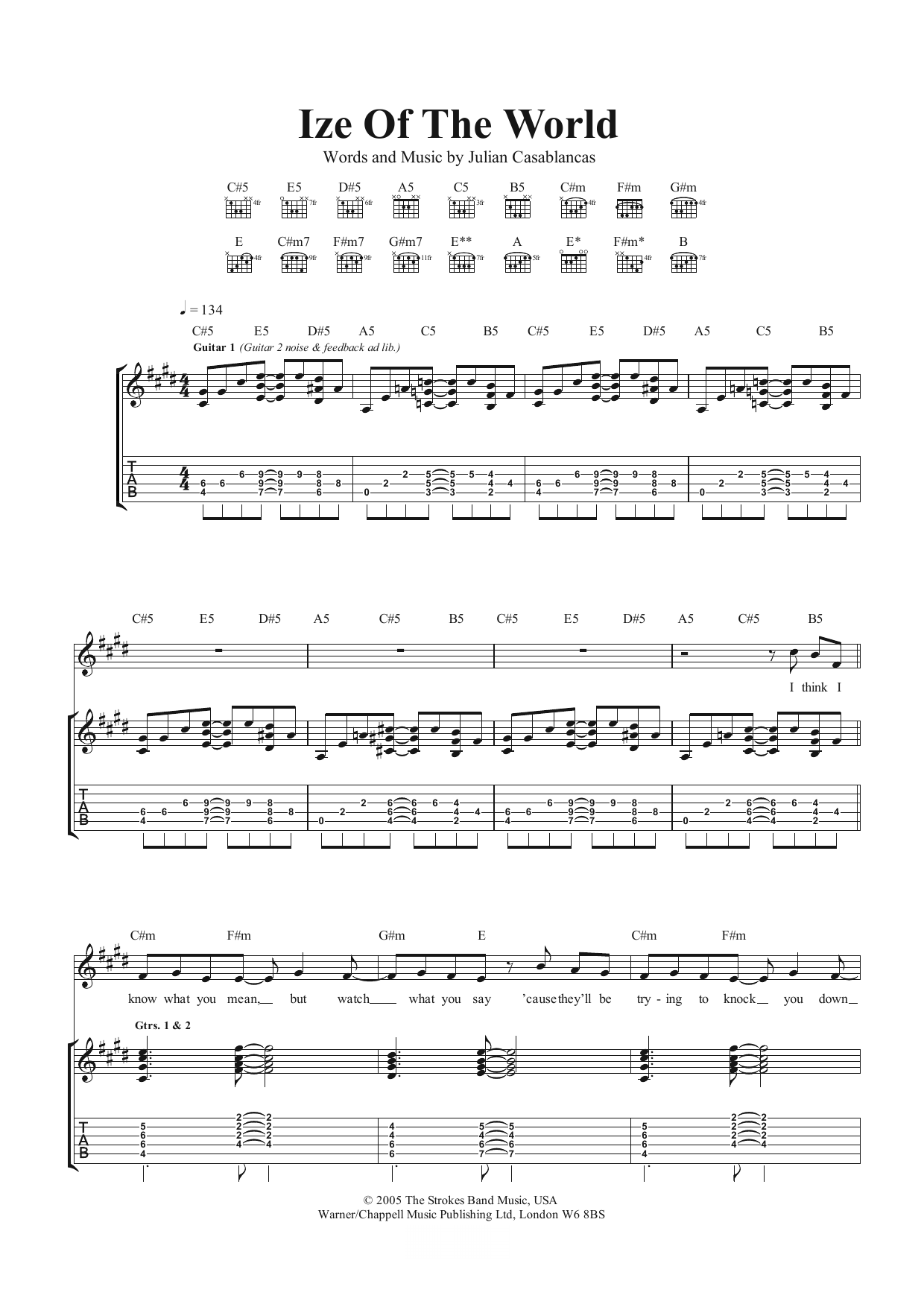 Download The Strokes Ize Of The World Sheet Music