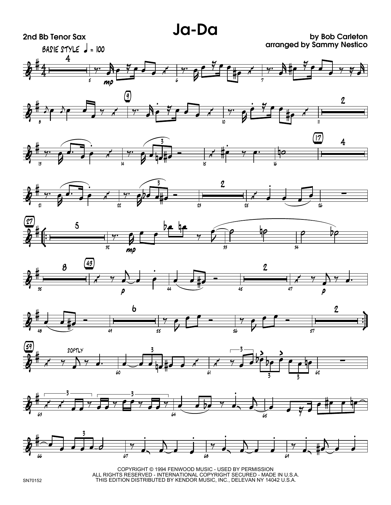 Download Sammy Nestico Ja-Da - 2nd Bb Tenor Saxophone Sheet Music