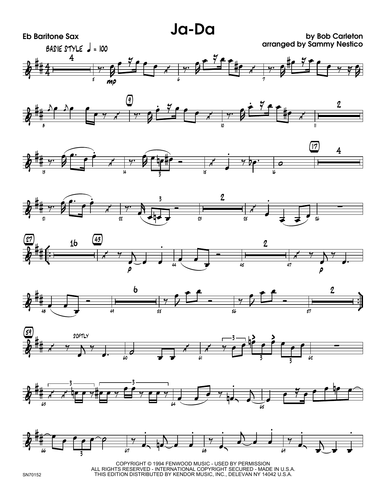 Download Sammy Nestico Ja-Da - Eb Baritone Saxophone Sheet Music