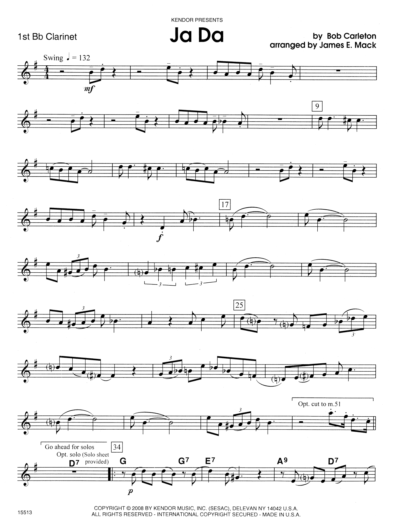 Download James E. Mack Ja Da - 1st Bb Clarinet Sheet Music