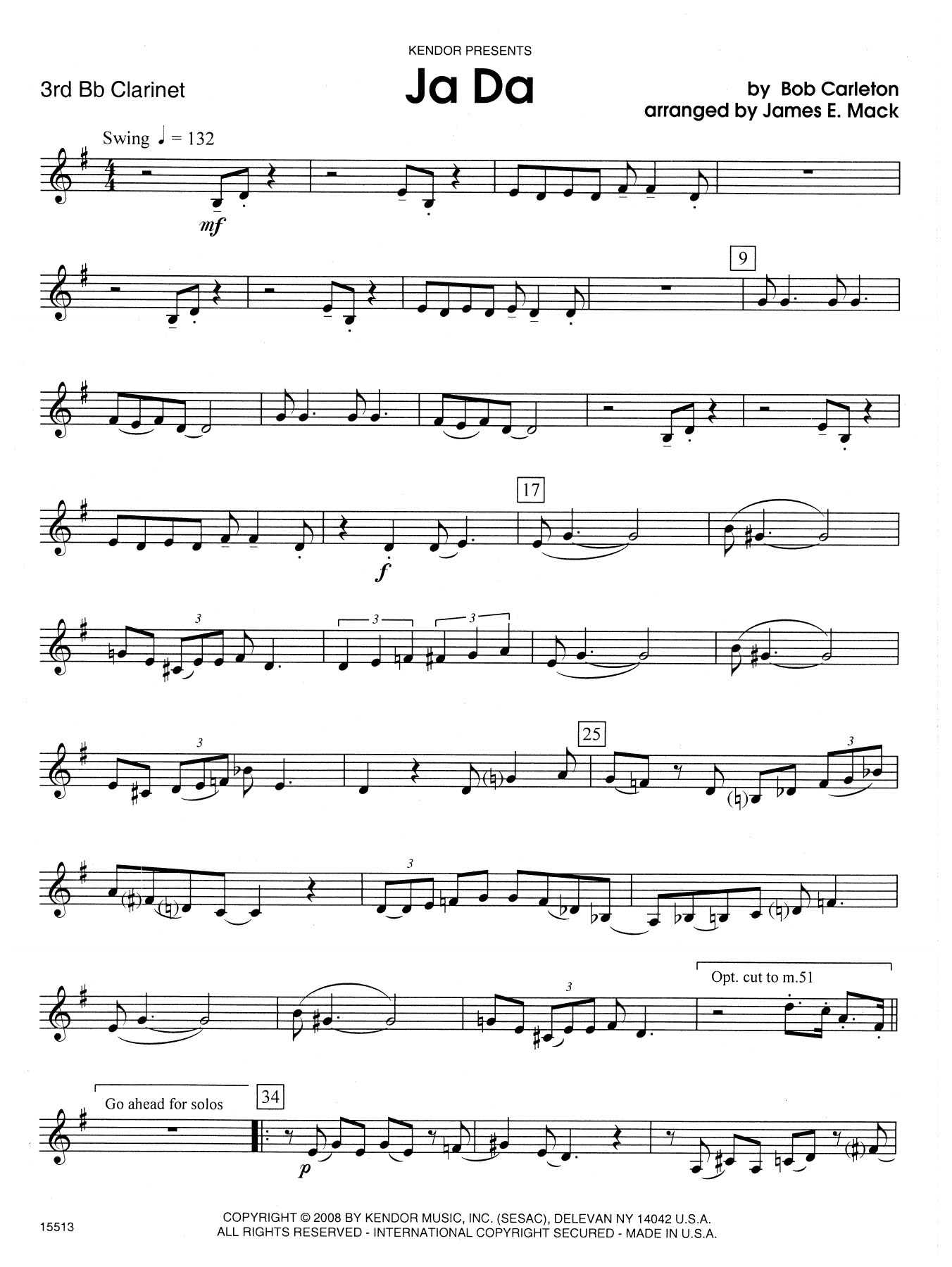 Download James E. Mack Ja Da - 3rd Bb Clarinet Sheet Music