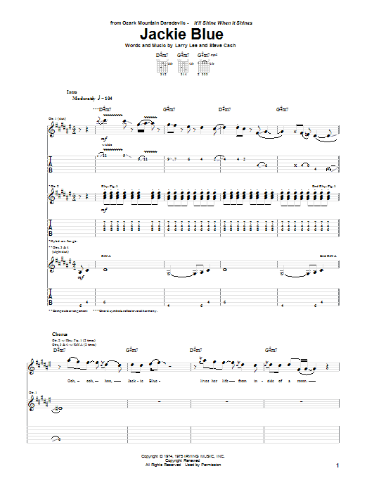 Ozark Mountain Daredevils Jackie Blue sheet music notes printable PDF score