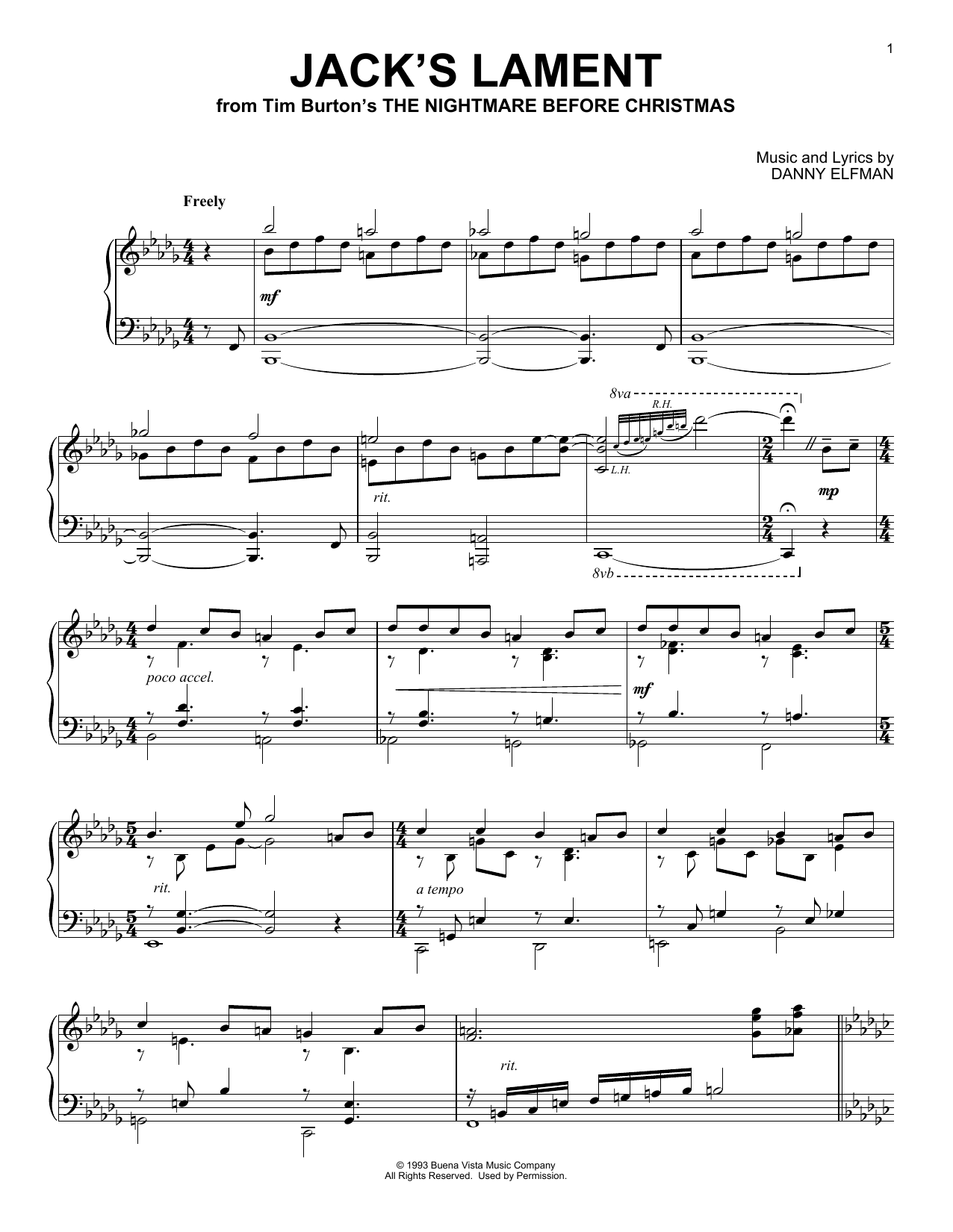 Download Danny Elfman Jack's Lament (from The Nightmare Befor Sheet Music