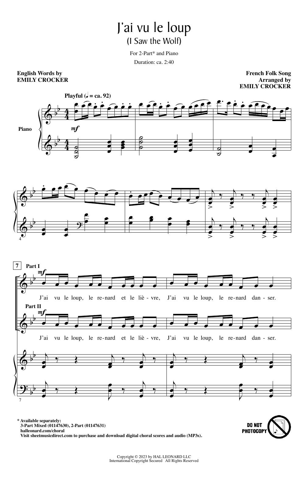 Download French Folk Song J'ai Vu Le Loup (I Saw The Wolf) (arr. Sheet Music