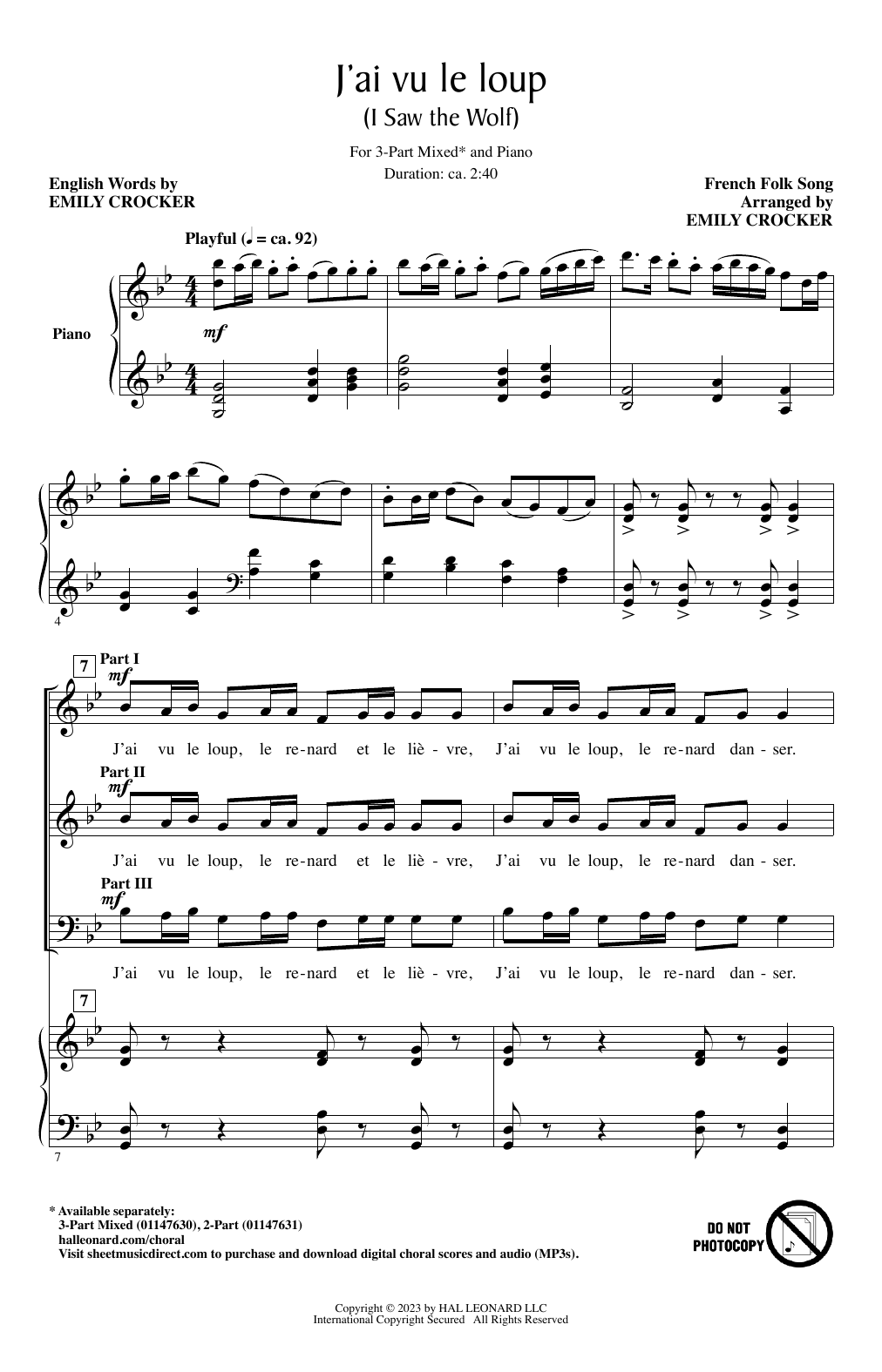 Download French Folk Song J'ai Vu Le Loup (I Saw The Wolf) (arr. Sheet Music