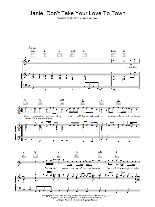 Jon Bon Jovi Janie, Don't Take Your Love To Town sheet music notes printable PDF score