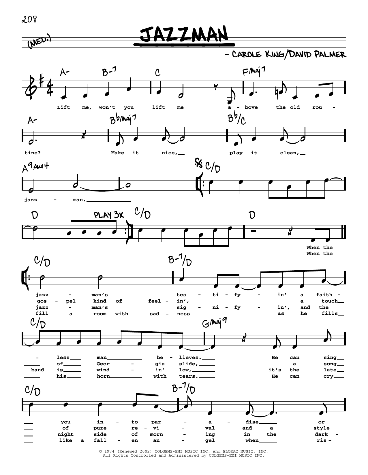 Carole King Jazzman (Low Voice) sheet music notes printable PDF score