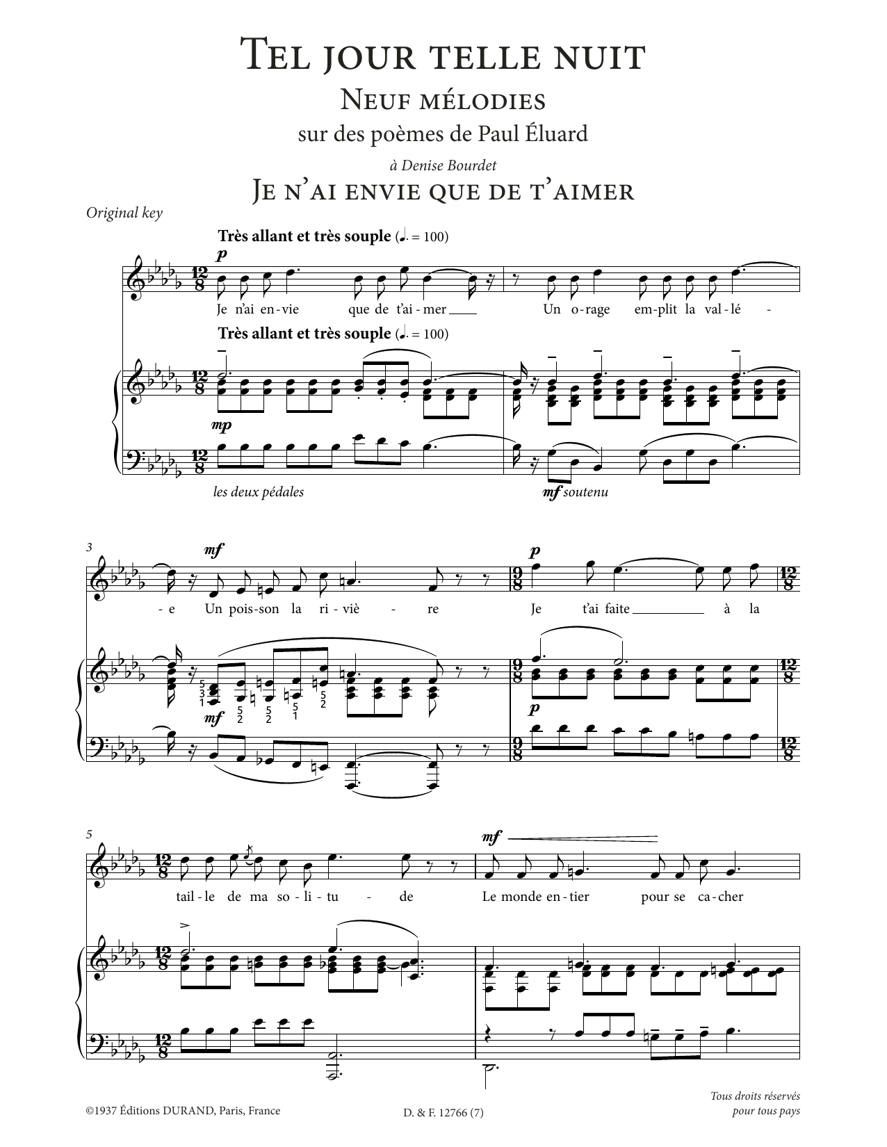 Francis Poulenc Je n'ai envie que de t'aimer (High Voice) sheet music notes printable PDF score