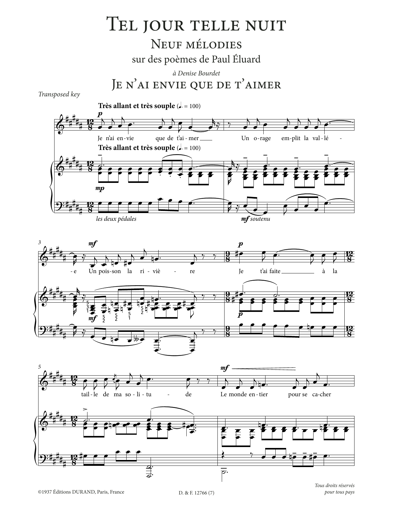 Francis Poulenc Je n'ai envie que de t'aimer (Low Voice) sheet music notes printable PDF score