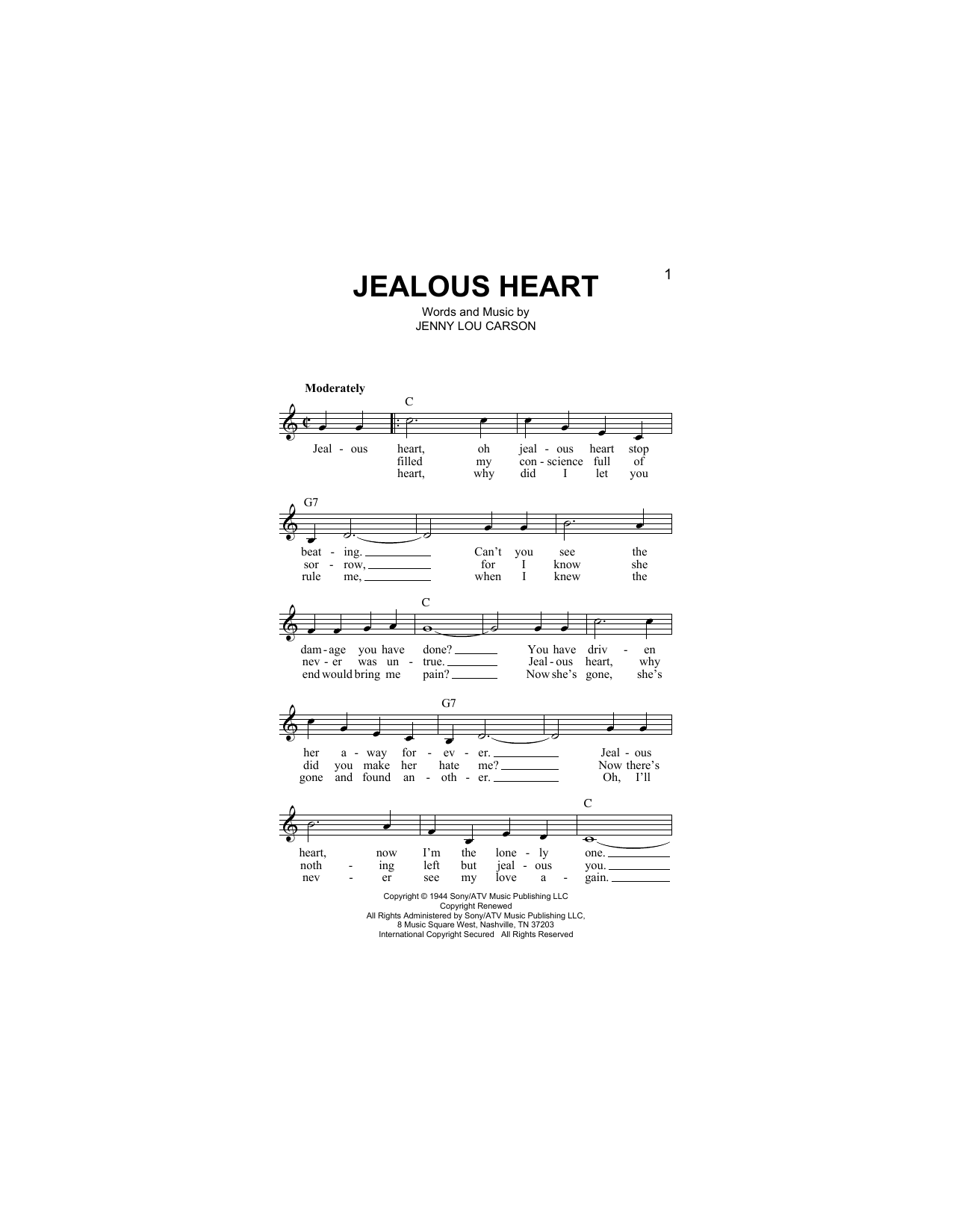 Download Jenny Lou Carson Jealous Heart Sheet Music