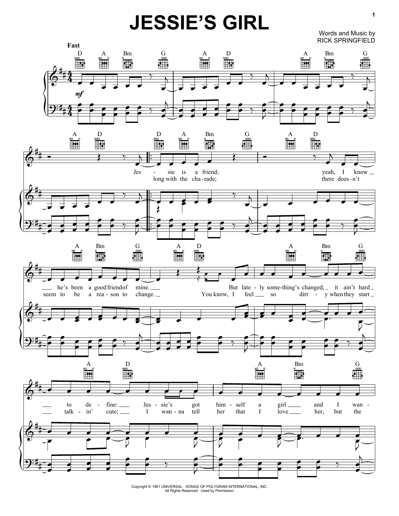 Rick Springfield Jessie's Girl sheet music notes printable PDF score