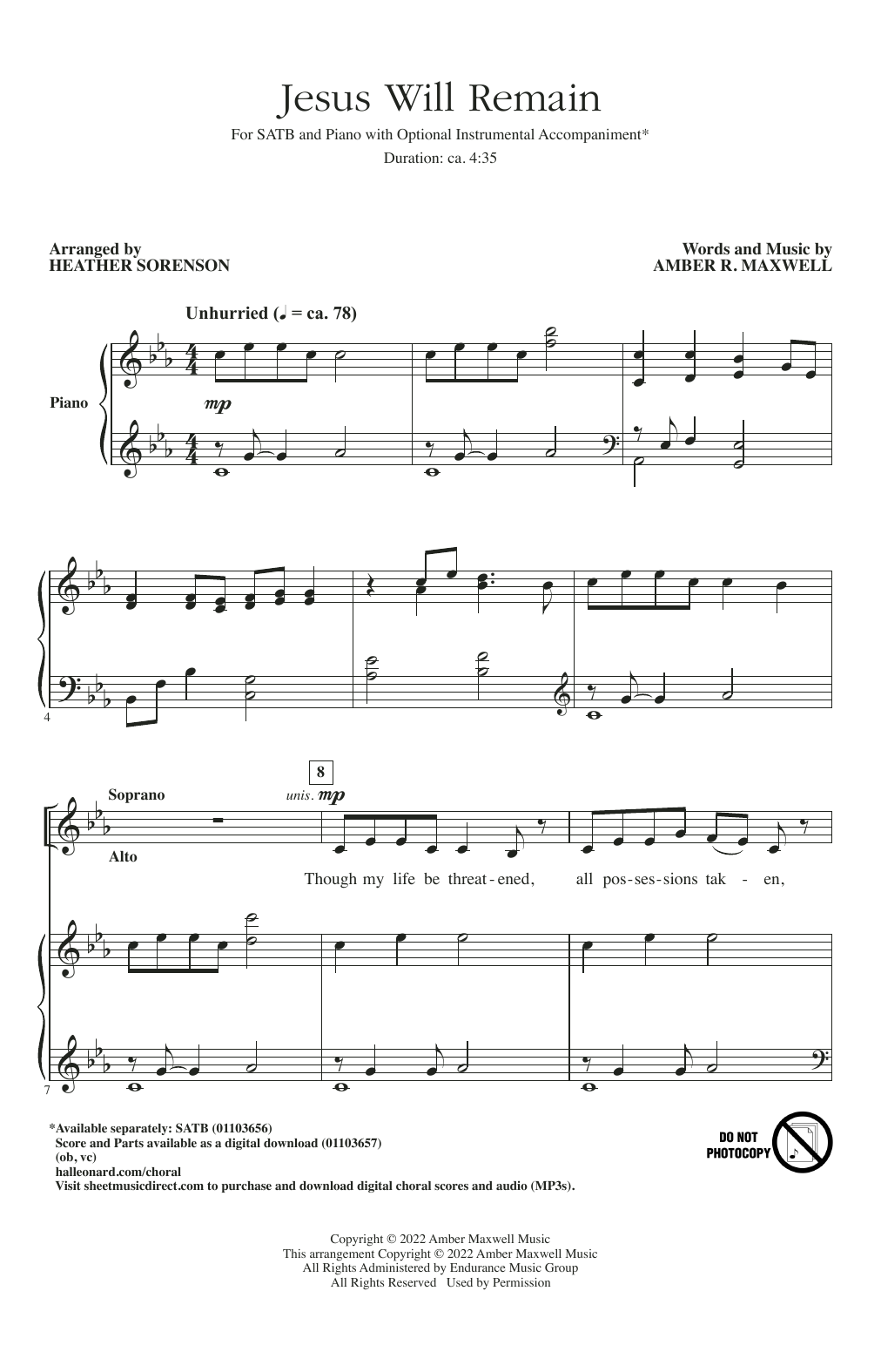 Download Amber R. Maxwell Jesus Will Remain (arr. Heather Sorenso Sheet Music