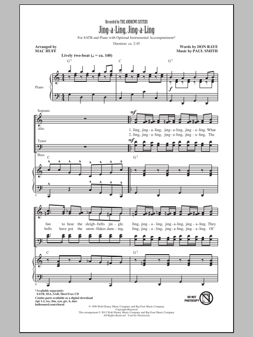 Download The Andrews Sisters Jing-A-Ling, Jing-A-Ling (arr. Mac Huff Sheet Music