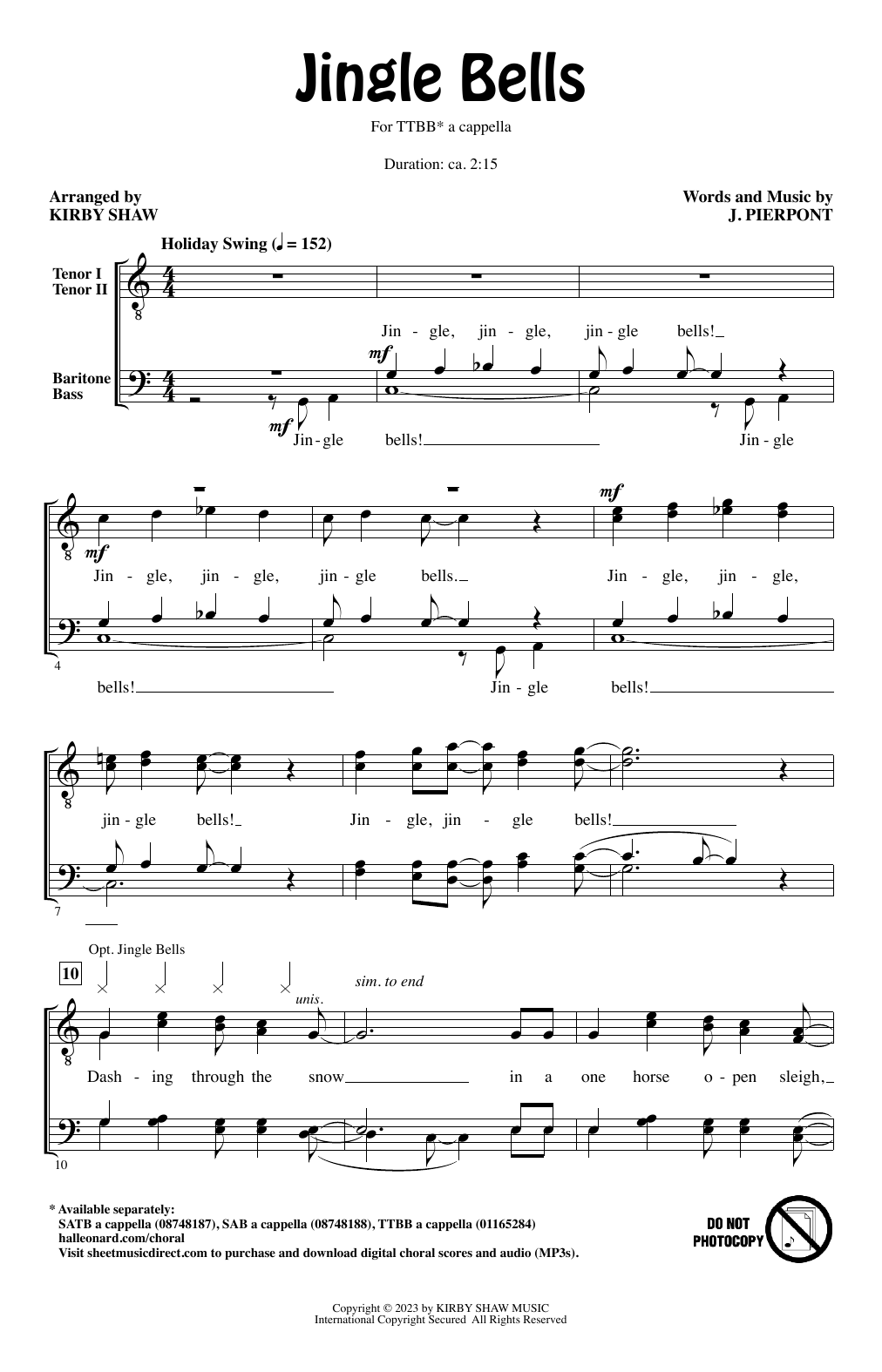 Download J. Pierpont Jingle Bells (arr. Kirby Shaw) Sheet Music