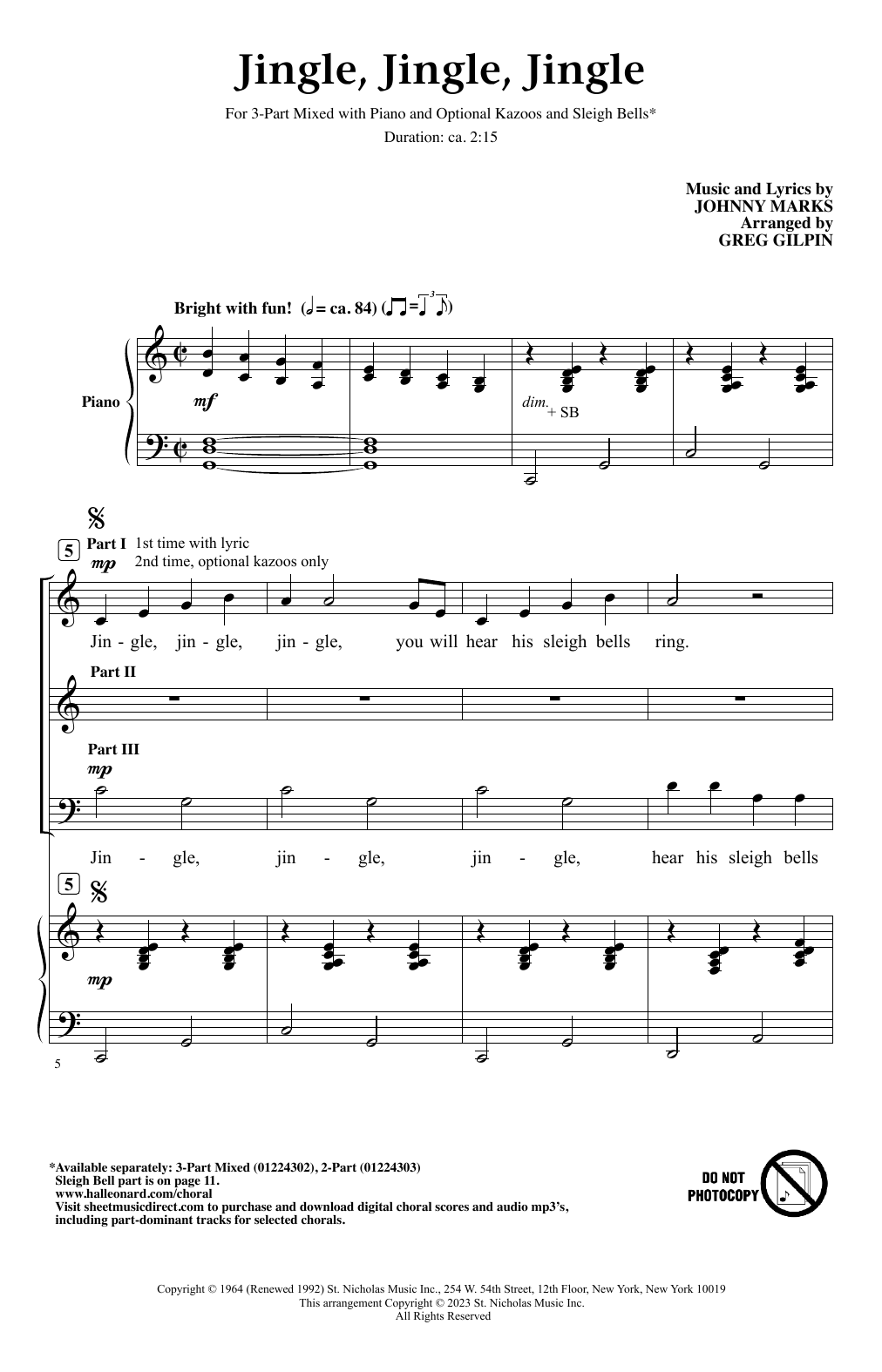 Johnny Marks Jingle, Jingle, Jingle (arr. Greg Gilpin) sheet music notes printable PDF score