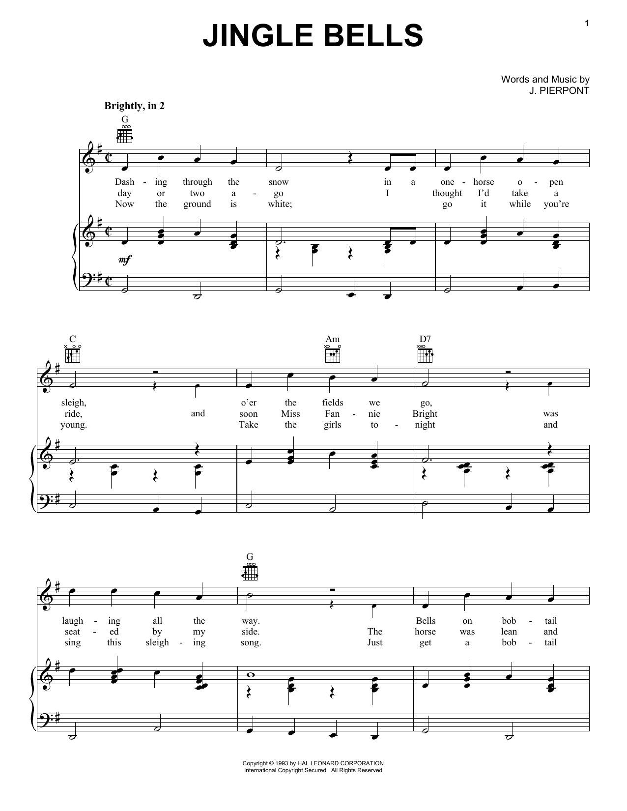 J. Pierpont Jingle Bells sheet music notes printable PDF score
