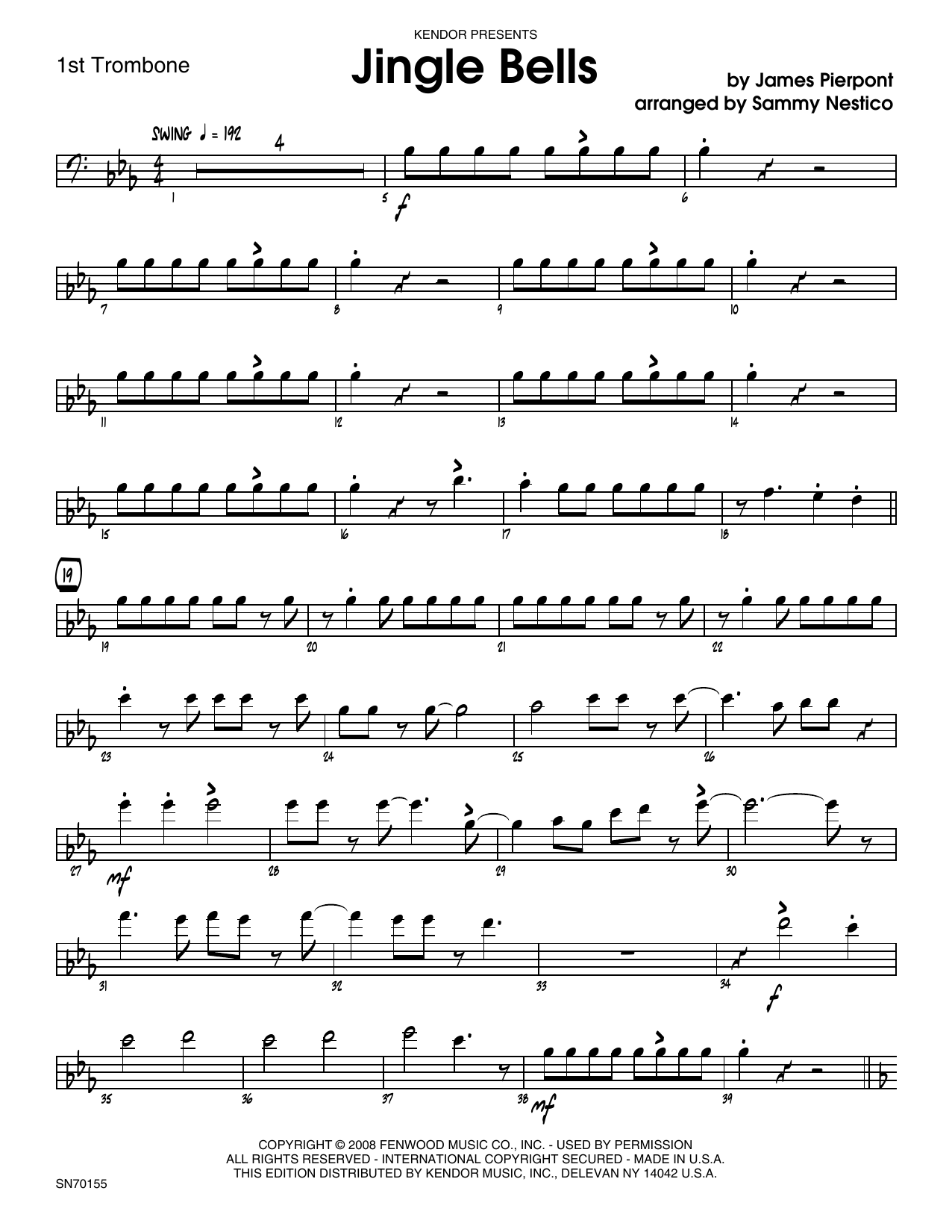 Download Sammy Nestico Jingle Bells - 1st Trombone Sheet Music