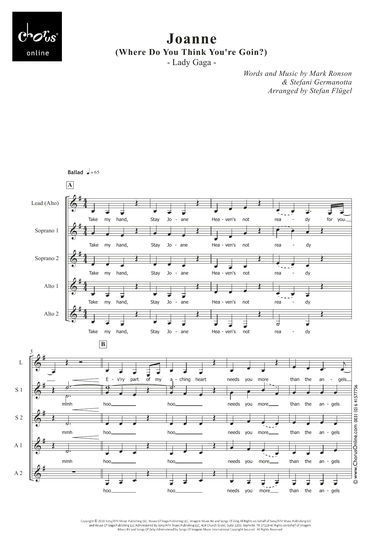 Lady Gaga Joanne (arr. Stefan Flügel) sheet music notes printable PDF score