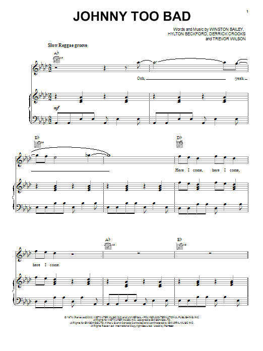 Download The Slickers Johnny Too Bad Sheet Music