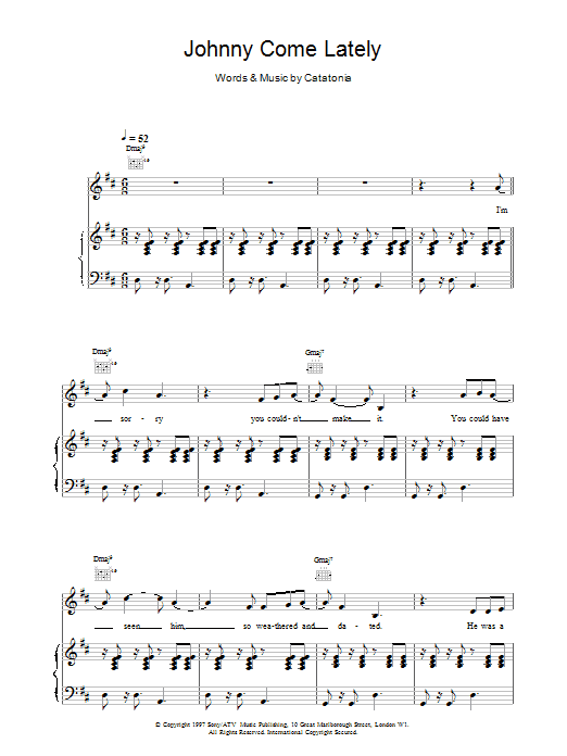 Catatonia Johnny Come Lately sheet music notes printable PDF score