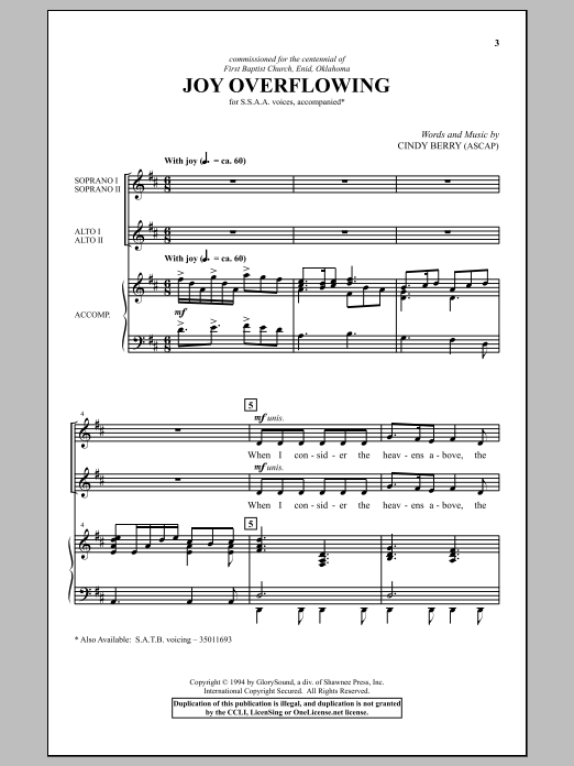 Download Cindy Berry Joy Overflowing Sheet Music