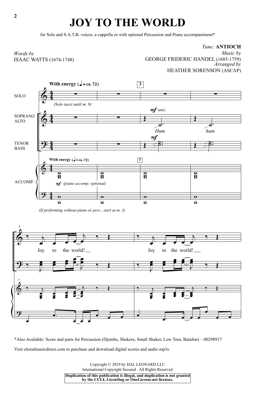Download Isaac Watts Joy To The World (arr. Heather Sorenson Sheet Music