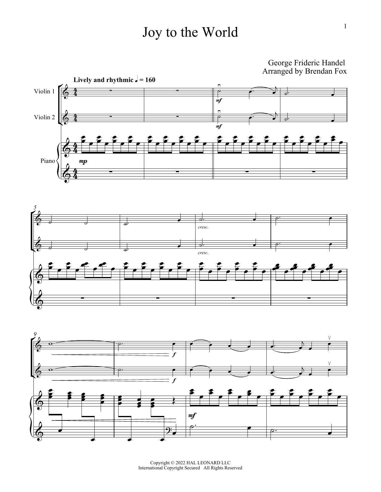 Download Isaac Watts Joy To The World (for Violin Duet and P Sheet Music