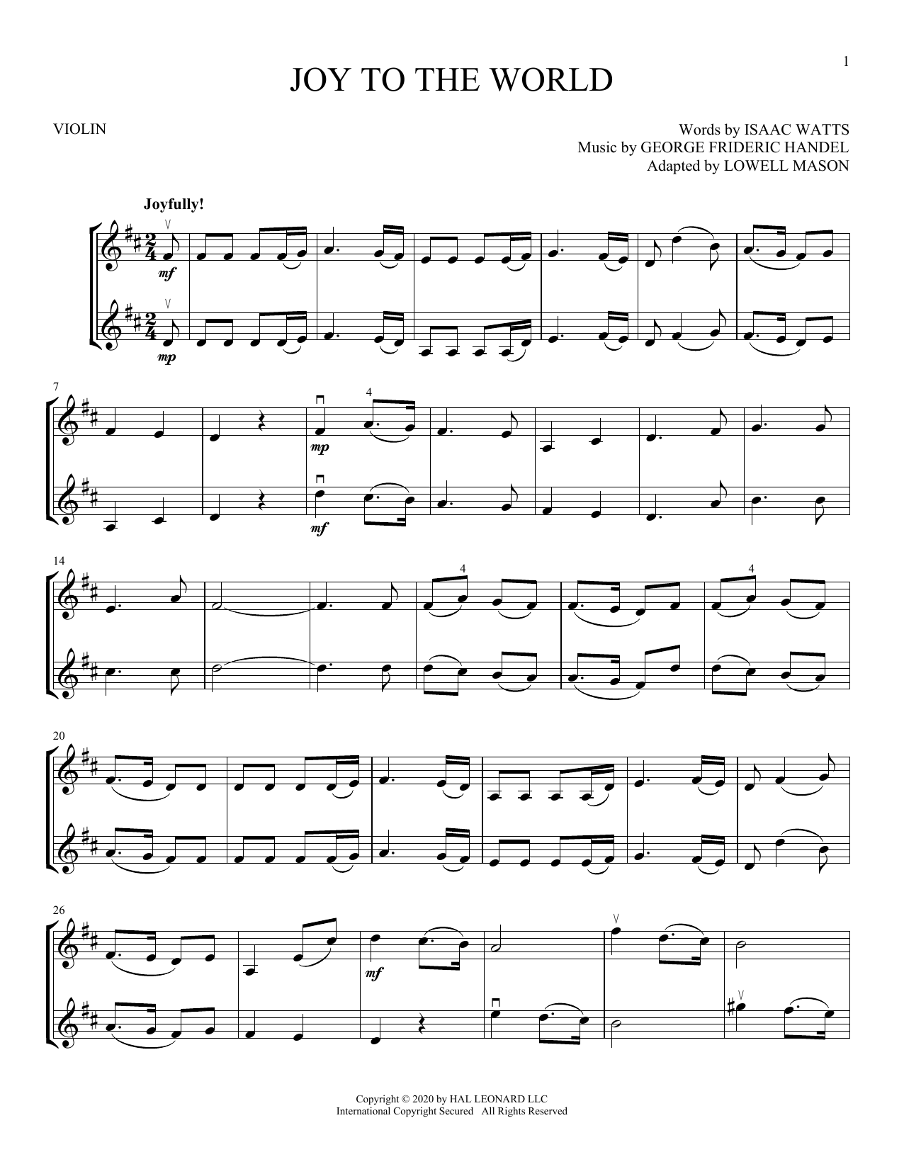 Download George Frideric Handel Joy To The World Sheet Music