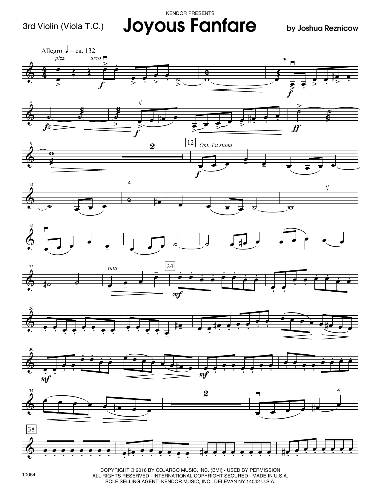 Download Joshua Reznicow Joyous Fanfare - Violin 3 (Viola T.C.) Sheet Music