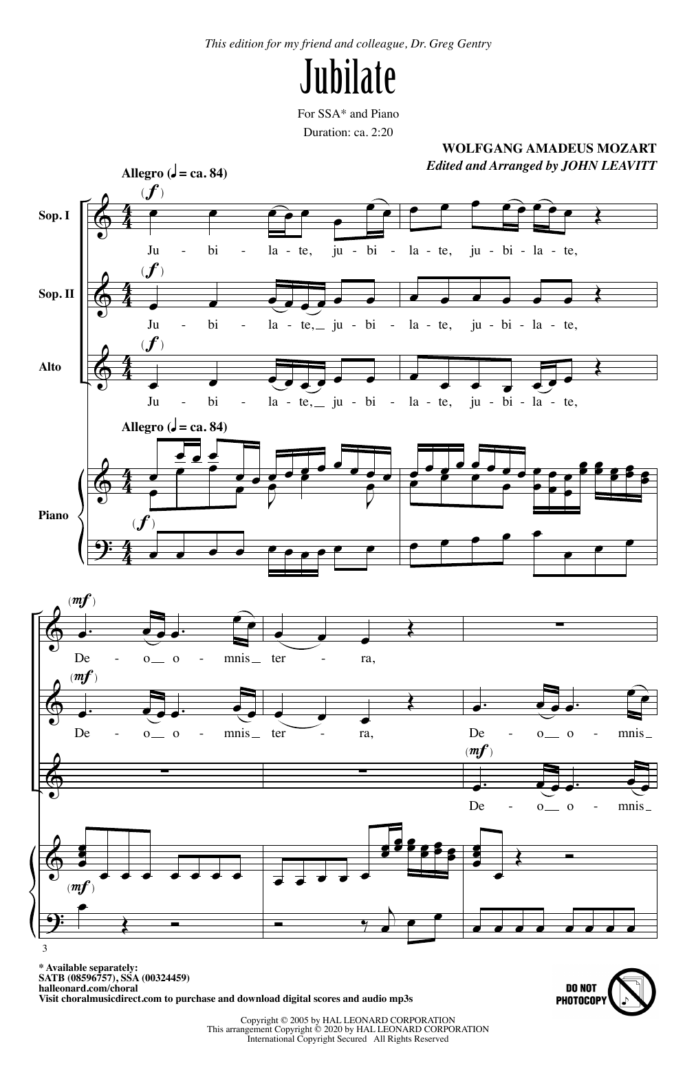 Download Wolfgang Amadeus Mozart Jubilate (arr. John Leavitt) Sheet Music