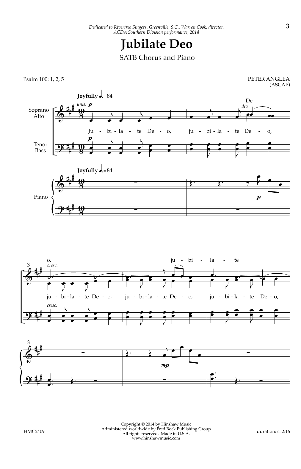 Peter Anglea Jubilate Deo sheet music notes printable PDF score
