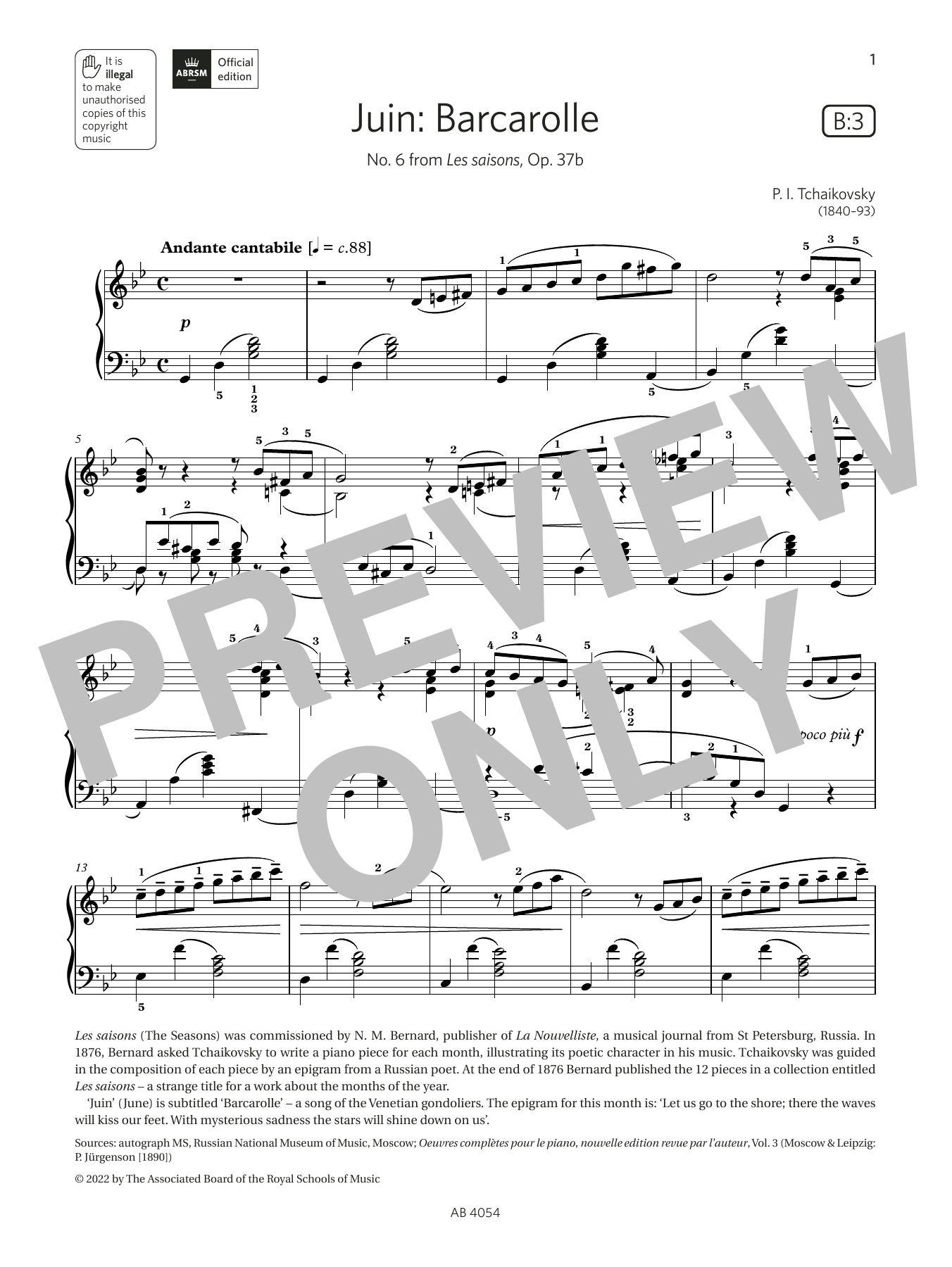 Download Pyotr Il'yich Tchaikovsky Juin: Barcarolle (Grade 8, list B3, fro Sheet Music