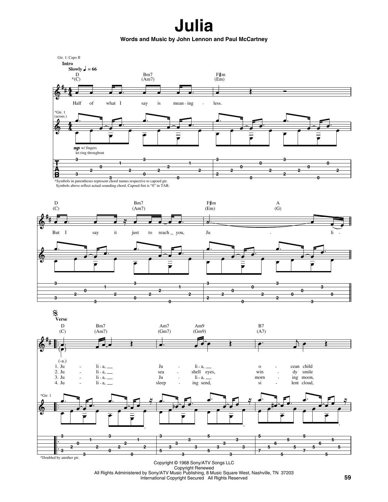 The Beatles Julia sheet music notes printable PDF score