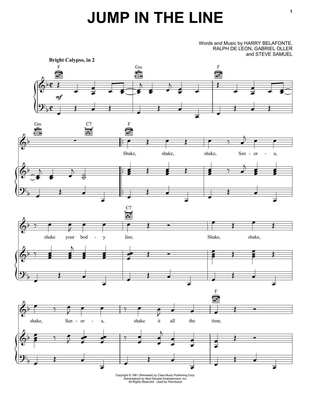 Download Harry Belafonte Jump In The Line Sheet Music