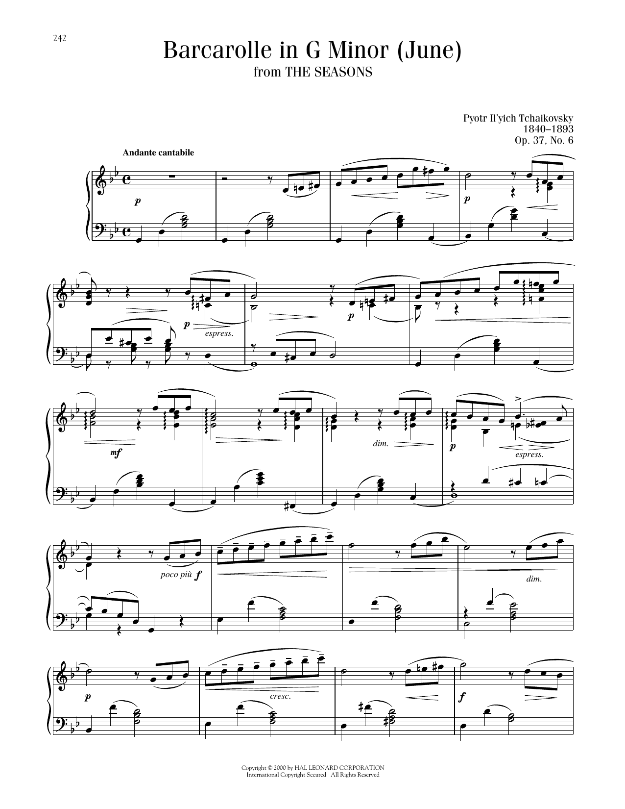 Pyotr Il'yich Tchaikovsky June: Barcarolle, Op. 37a/b sheet music notes printable PDF score