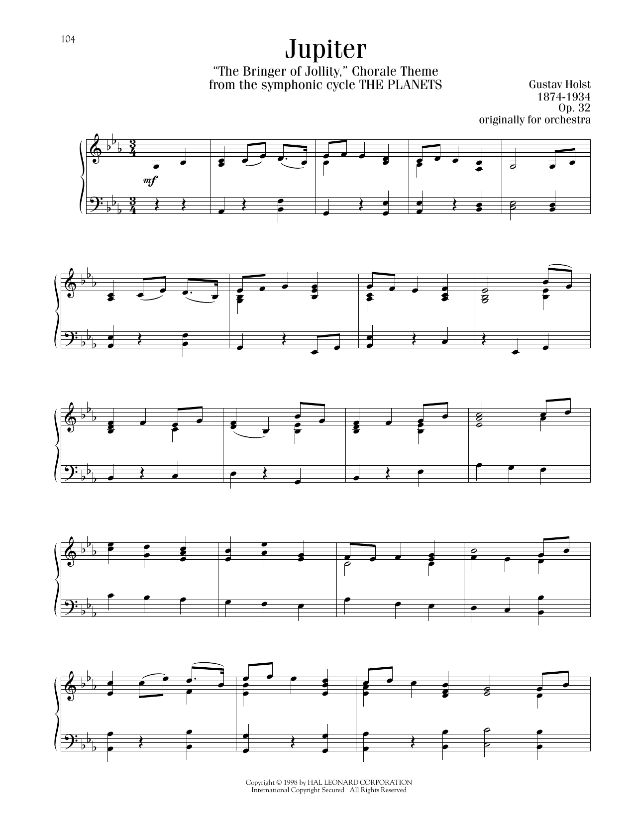 Gustav Holst Jupiter sheet music notes printable PDF score