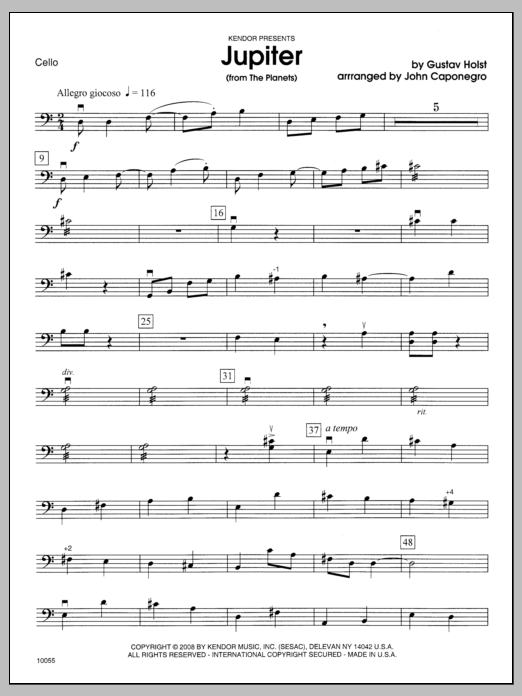 Download Caponegro Jupiter (from The Planets) - Cello Sheet Music