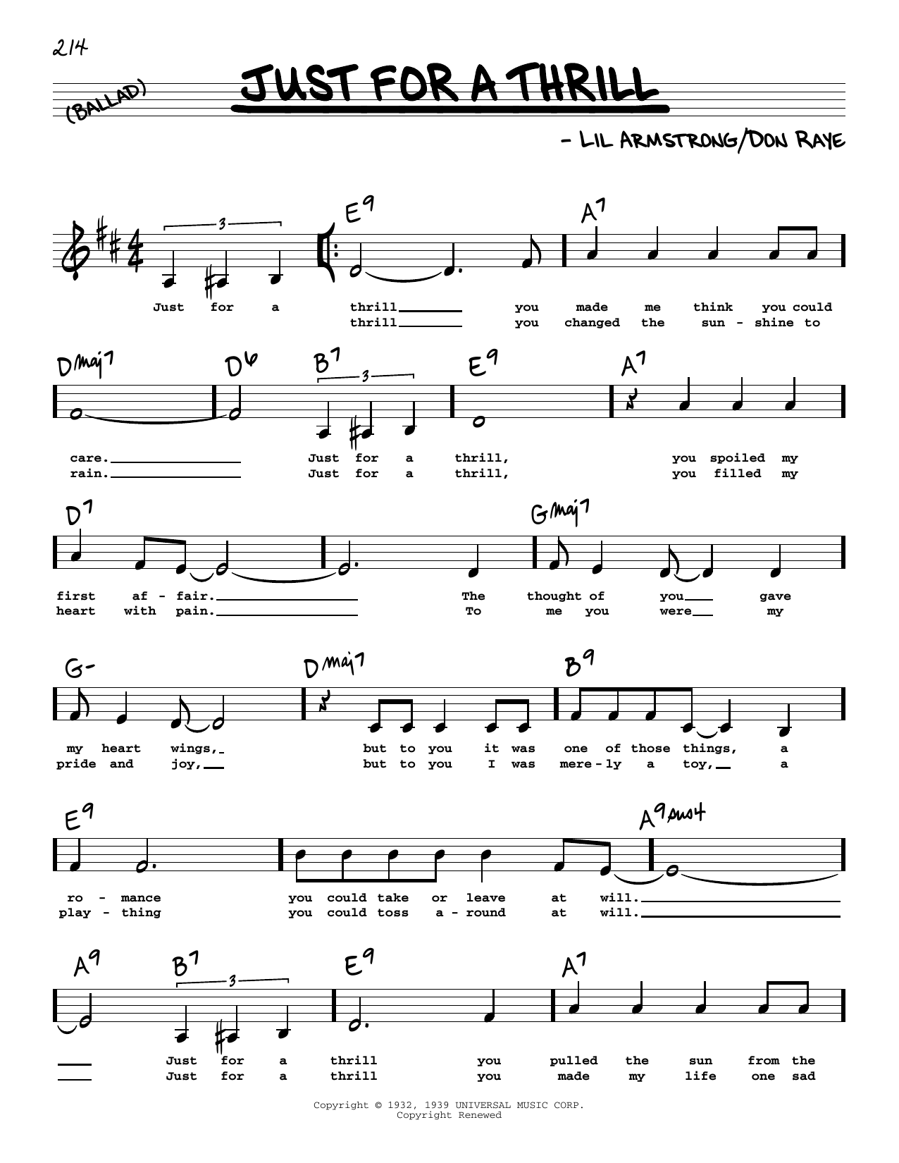 Lil Armstrong Just For A Thrill (Low Voice) sheet music notes printable PDF score