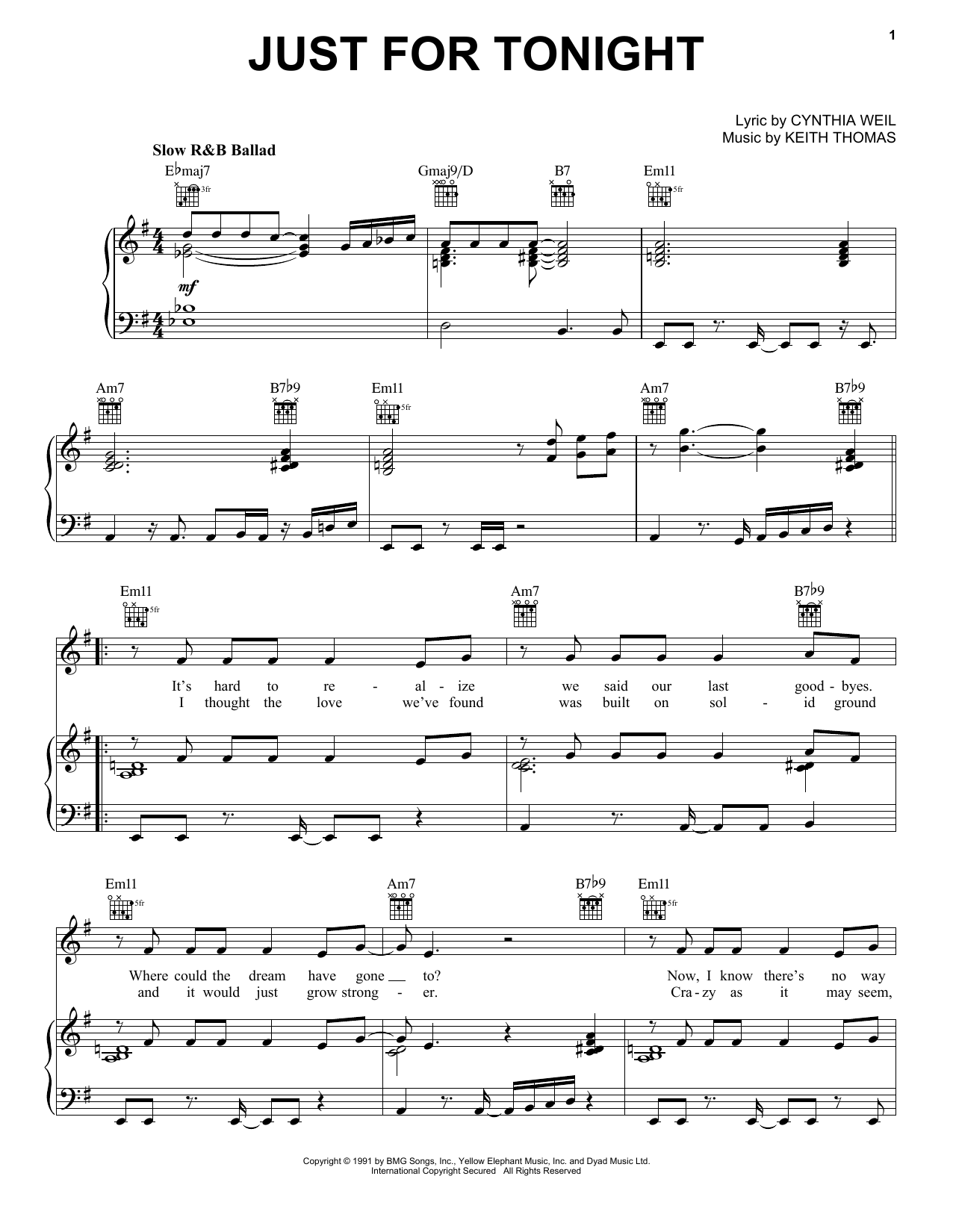 Download Vanessa Williams Just For Tonight Sheet Music